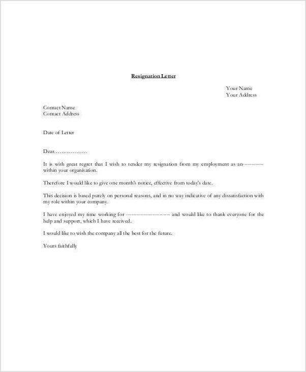 month notice resignation letter template sample