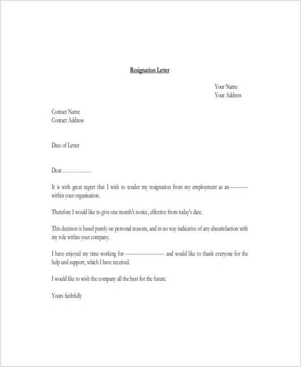 month notice resignation letter template