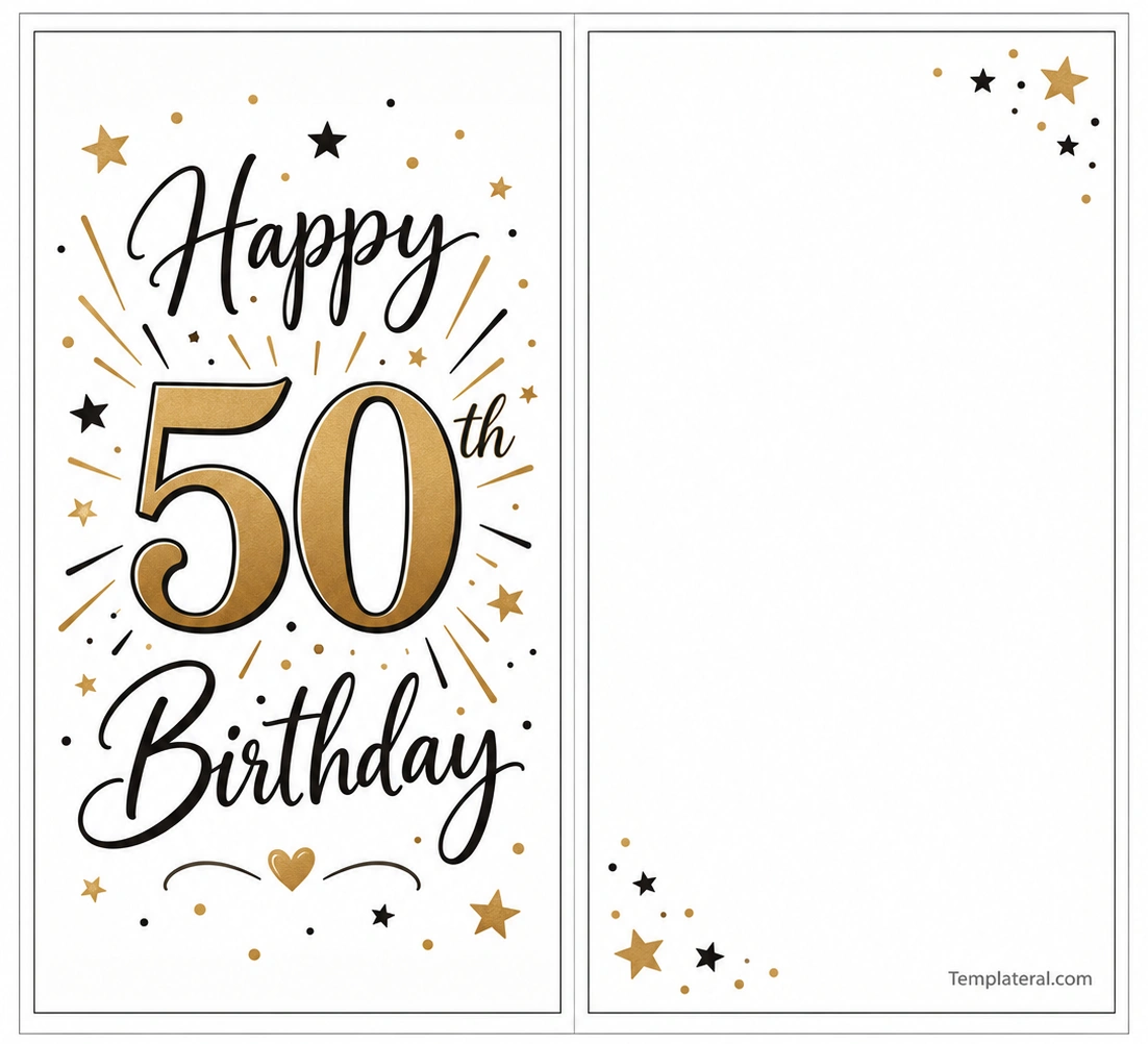 50th Birthday Card Template Printable 50th birthday card template with black and gold Happy 50th Birthday lettering and a blank inside panel