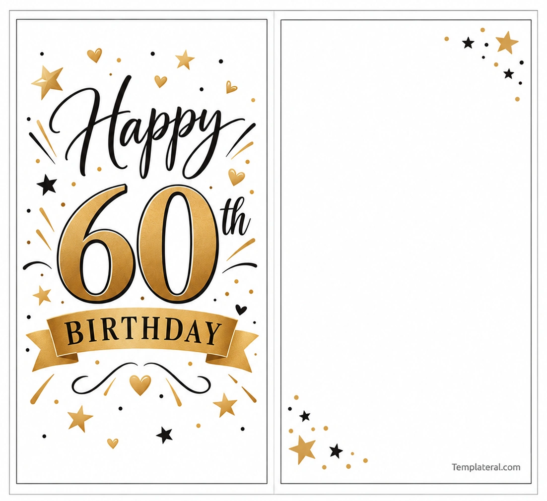 60th Birthday Card Template Printable 60th birthday card template with black and gold Happy 60th Birthday lettering and a blank inside panel