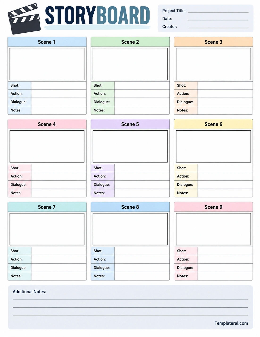 9 Scene Storyboard Template Printable storyboard template with nine scene panels, shot details, action, dialogue, and notes