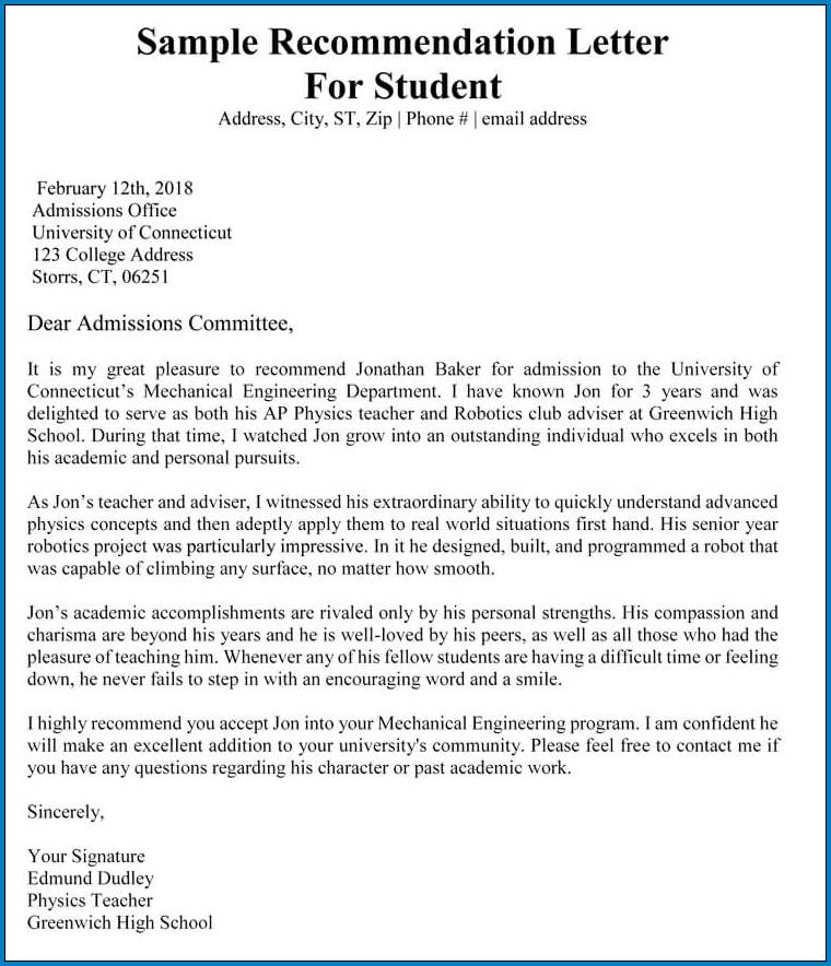 Recommendation Letter For Undergraduate Student from www.templateral.com