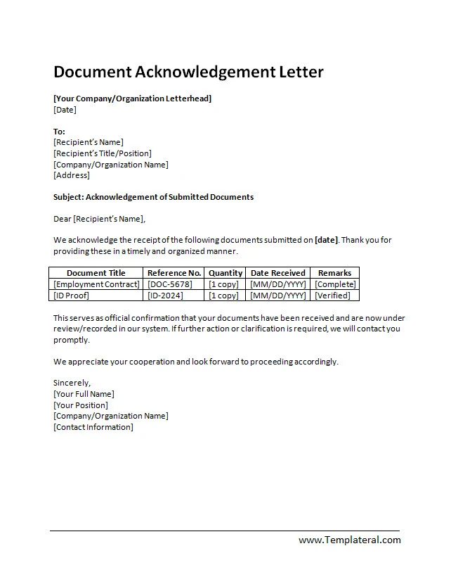Acknowledgement Letter Template Document Acknowledgement Letter Template