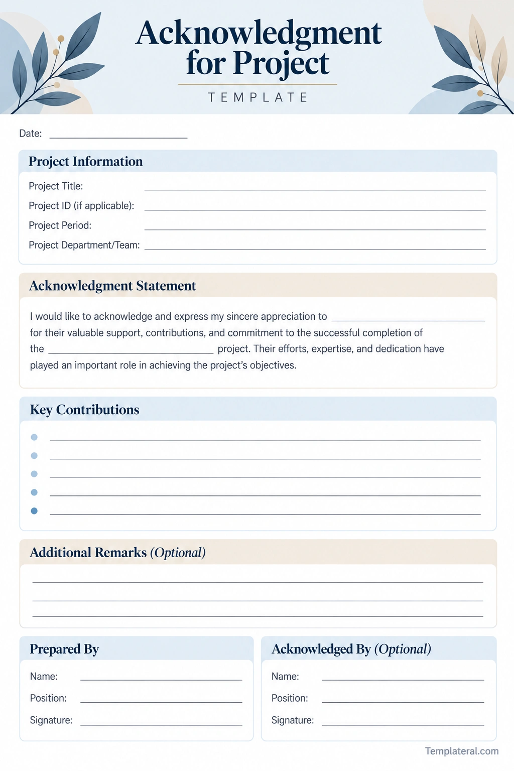 Acknowledgment For Project Acknowledgment for project template worksheet with project information, contribution details, and signature sections