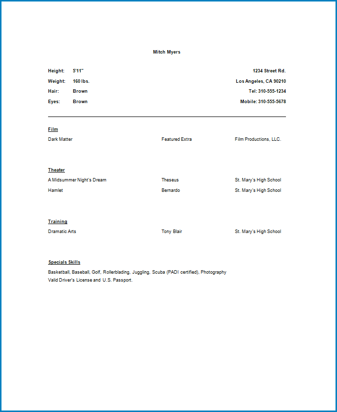 Acting Resume Template No Experience