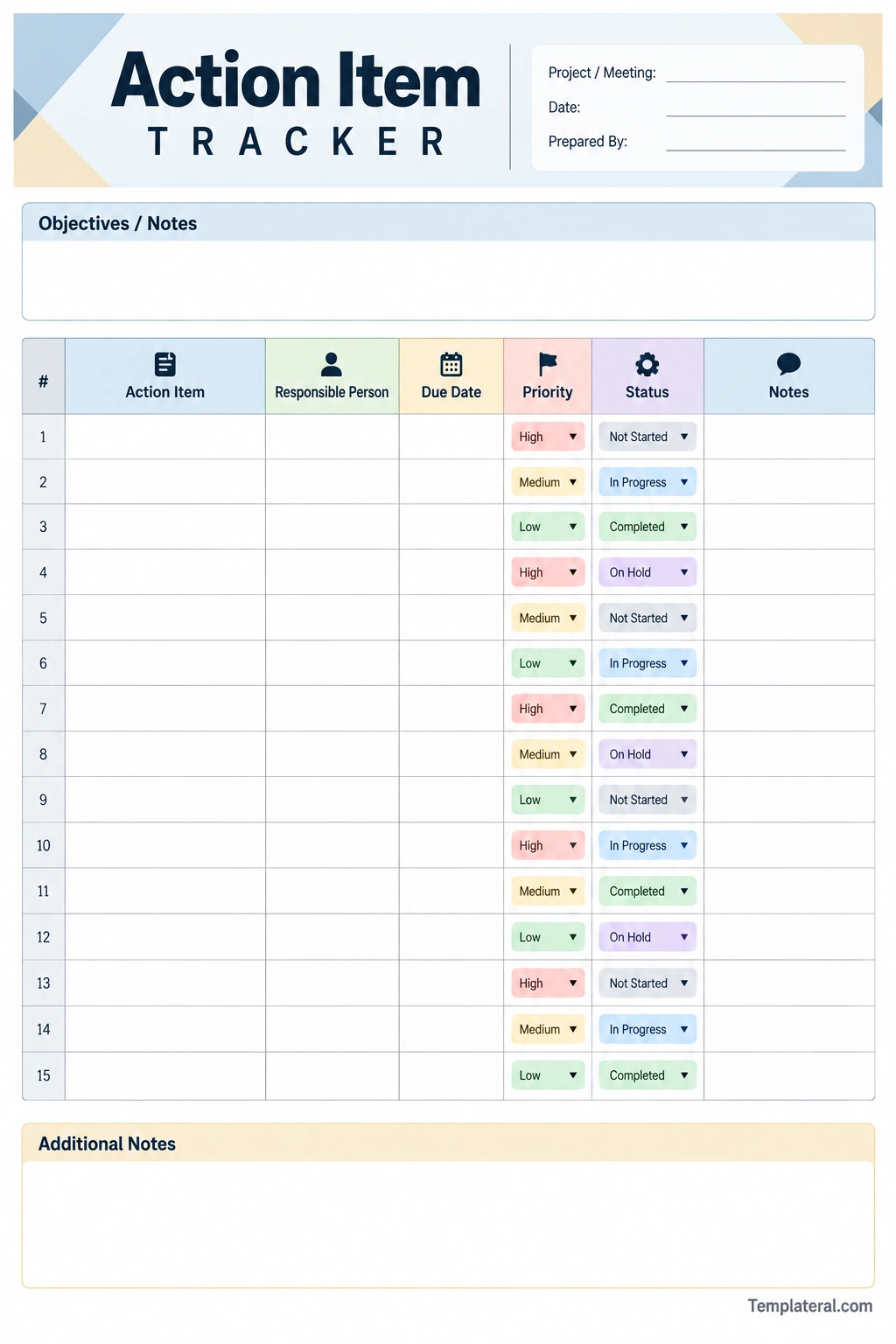 Action Item Tracker Worksheet Template Action item tracker template with tasks, responsible persons, due dates, priorities, statuses, and notes