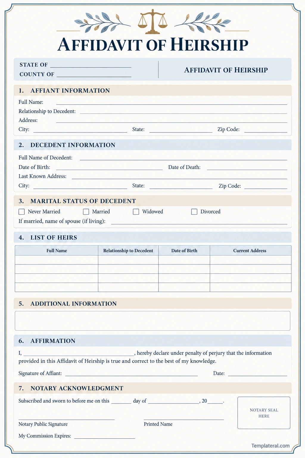Affidavit of Heirship Template Printable Affidavit of Heirship Template with sections for decedent information, heirs, affirmation, and notary acknowledgment