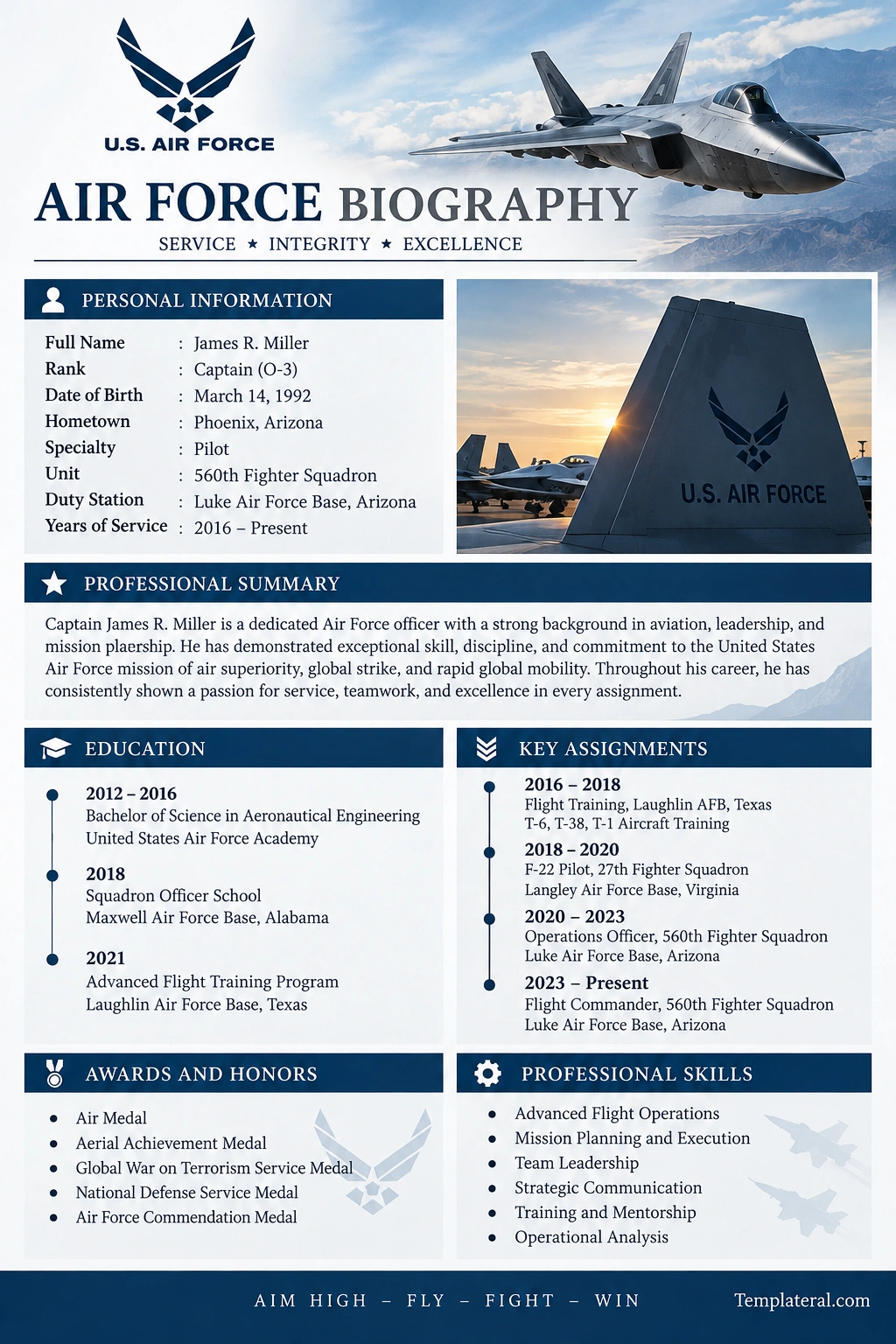 Air Force Biography template Air Force Biography example featuring military service history, education, assignments, awards, and professional skills