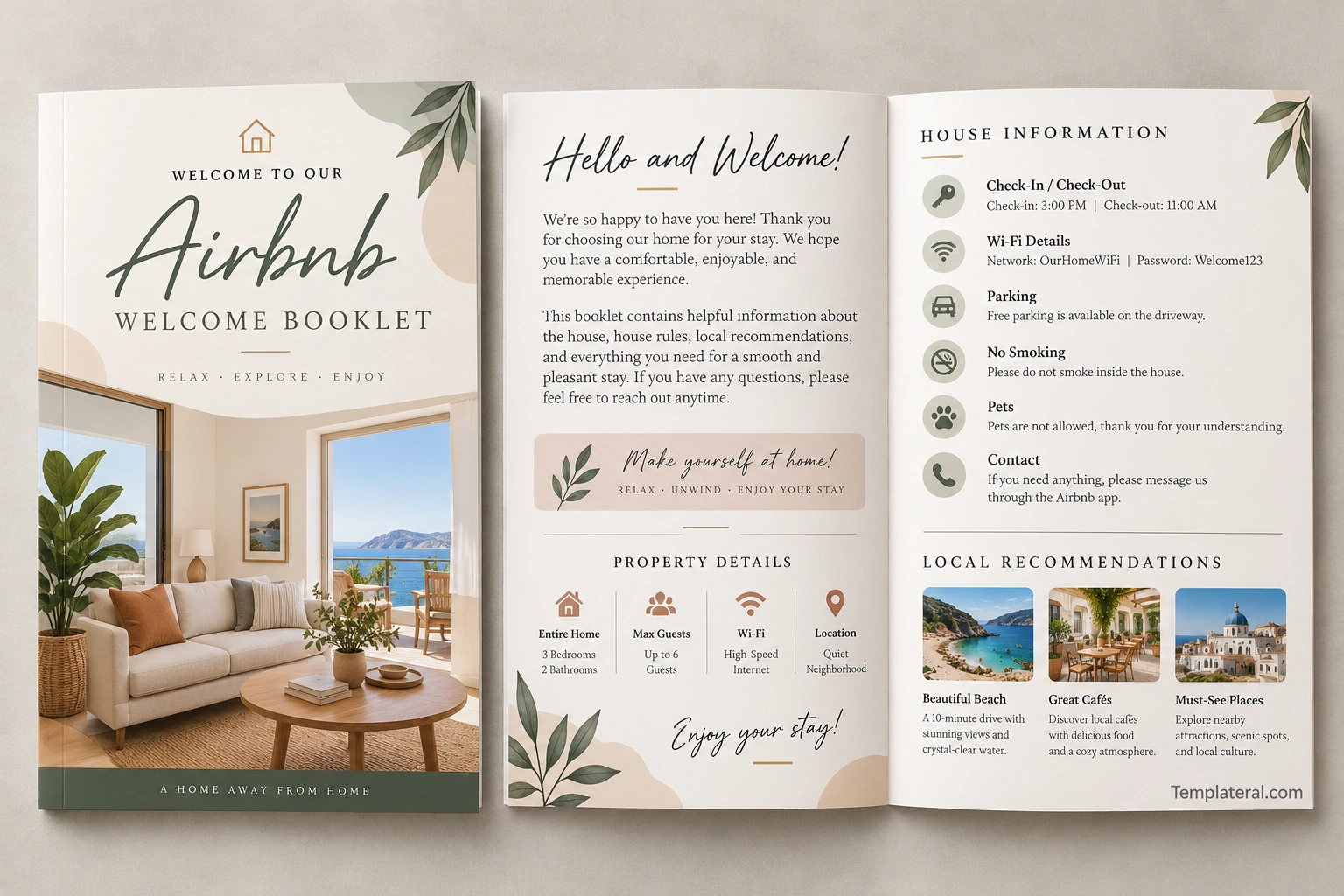 Airbnb Welcome Booklet Template Airbnb welcome booklet sample featuring a guest welcome message, property details, house rules, and local recommendations