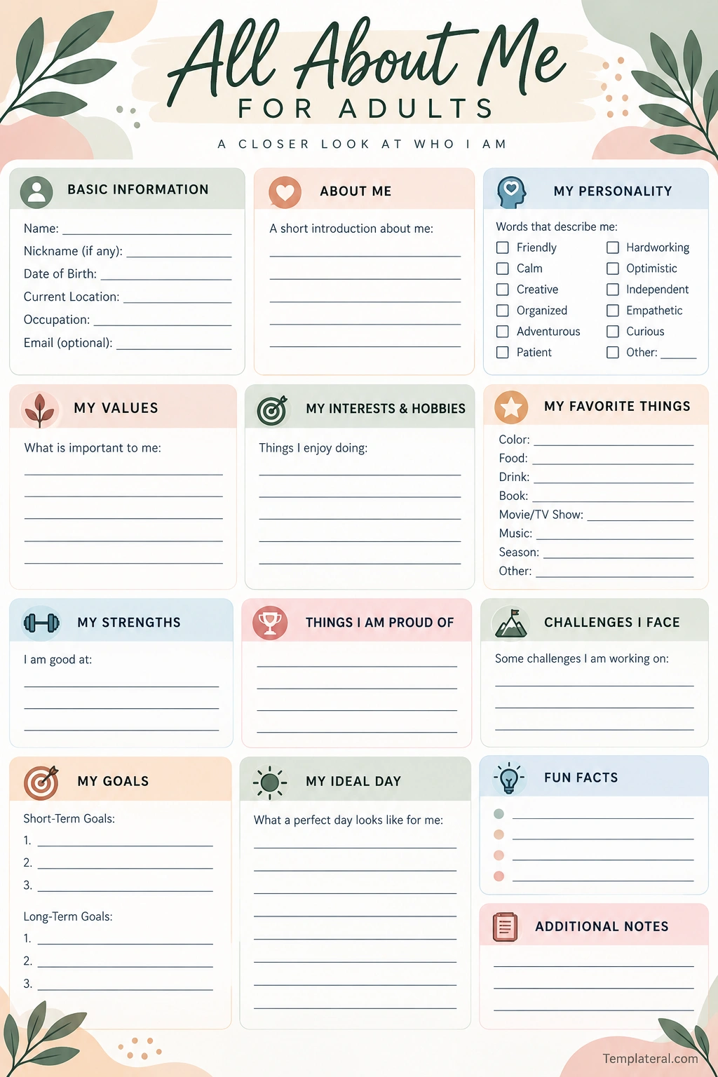 All About Me For Adults Printable All About Me for adults worksheet with sections for personality, values, interests, strengths, goals, favorite things, and personal reflection