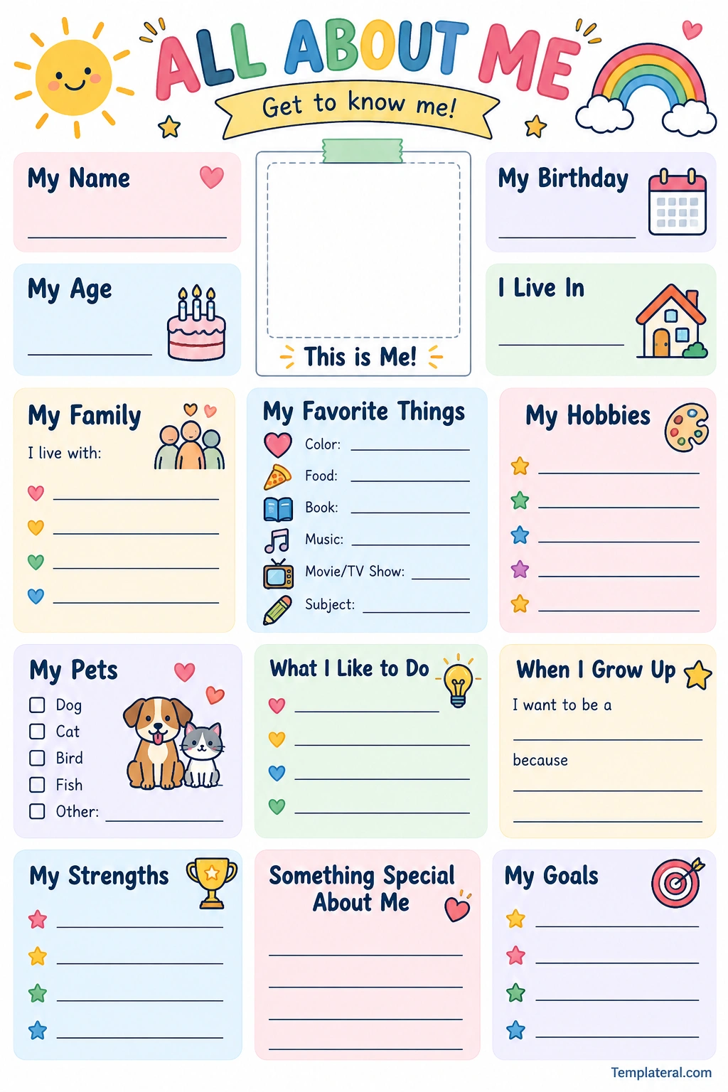 All About Me Template Printable All About Me worksheet with sections for name, family, favorite things, hobbies, strengths, goals, and personal interests