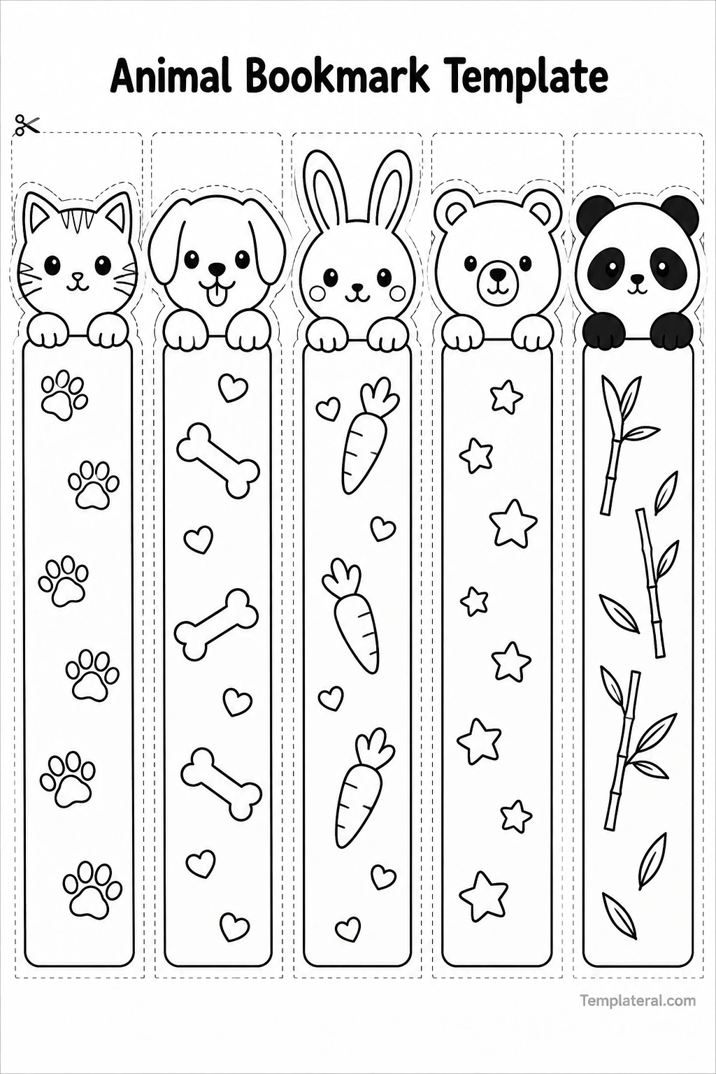 Animal Bookmark Template Printable animal bookmark template with cat, dog, bunny, bear, and panda designs to color