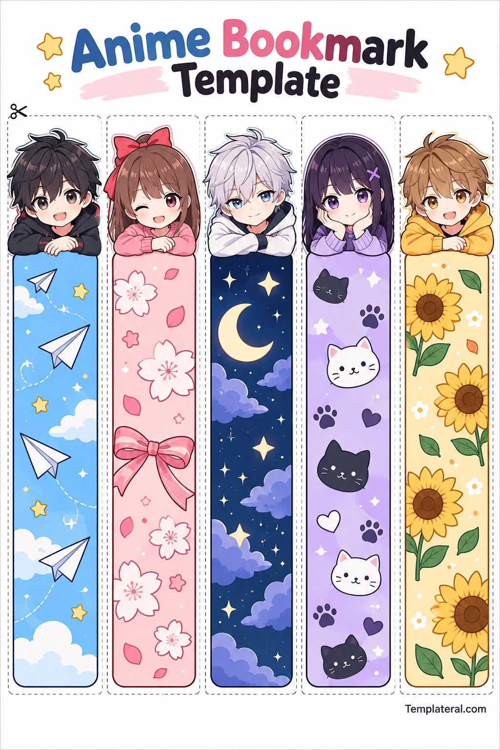 Anime Bookmark Template Colorful anime bookmark template with five chibi characters, cherry blossoms, stars, cats, and sunflowers