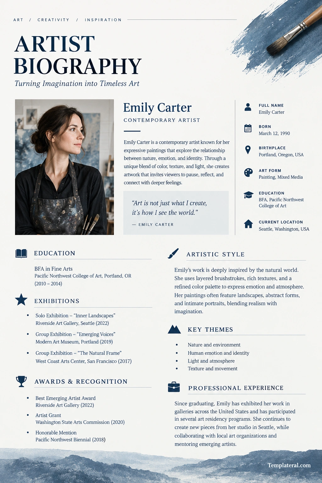 Artist Biography Template Artist Biography example featuring an artist profile, education, artistic style, career highlights, and exhibitions