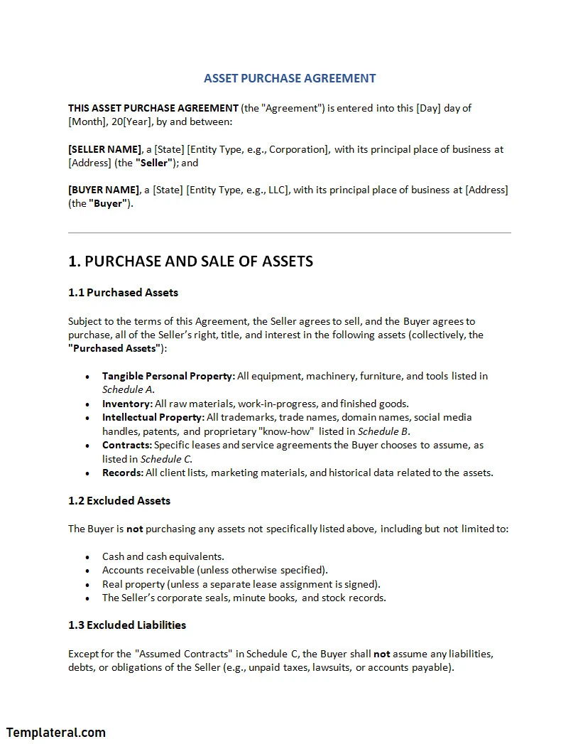Asset Purchase Agreement Template Asset Purchase Agreement Template