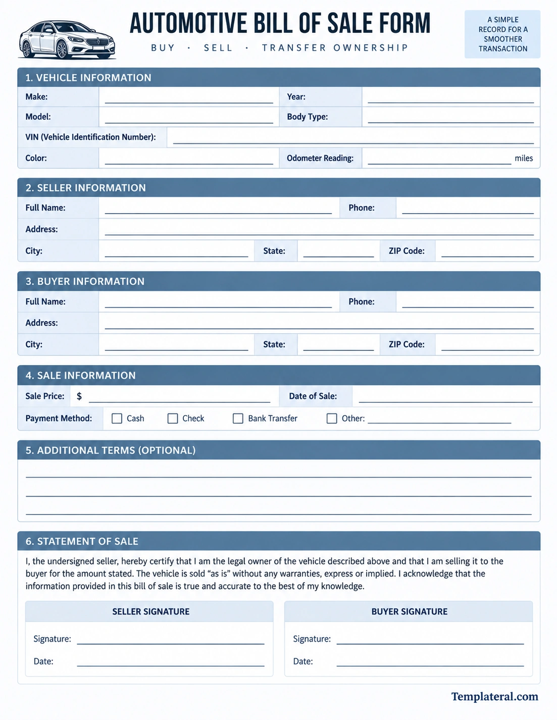 Automotive Bill of Sale Template Printable automotive bill of sale form template with vehicle, buyer, seller, sale price, and signature fields