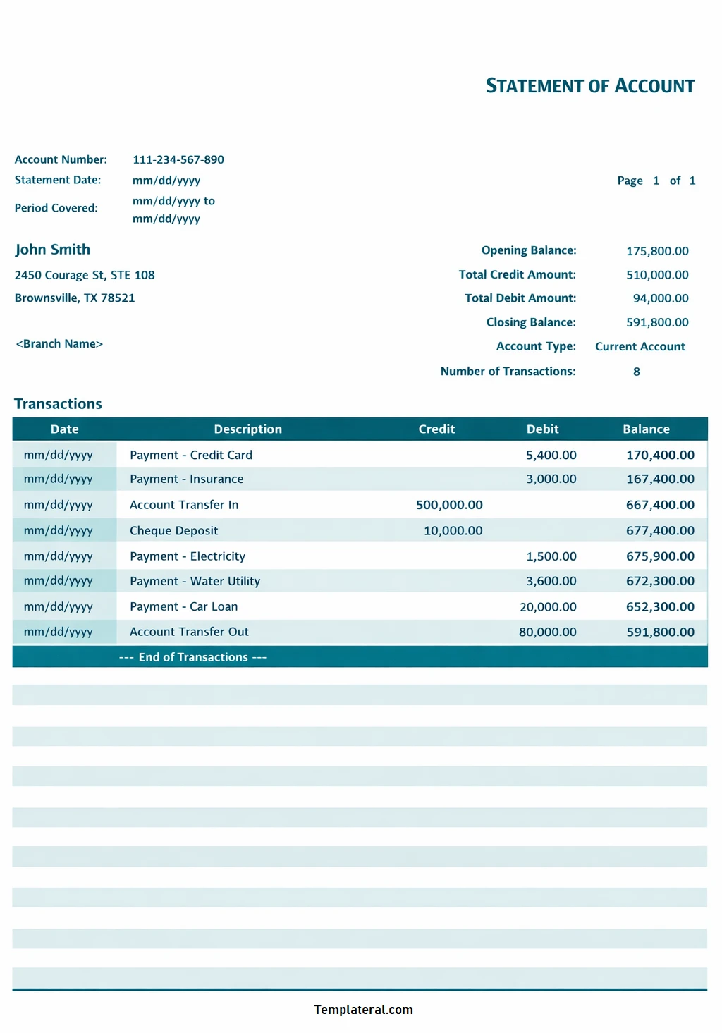 Simple Bank Account Statement Template