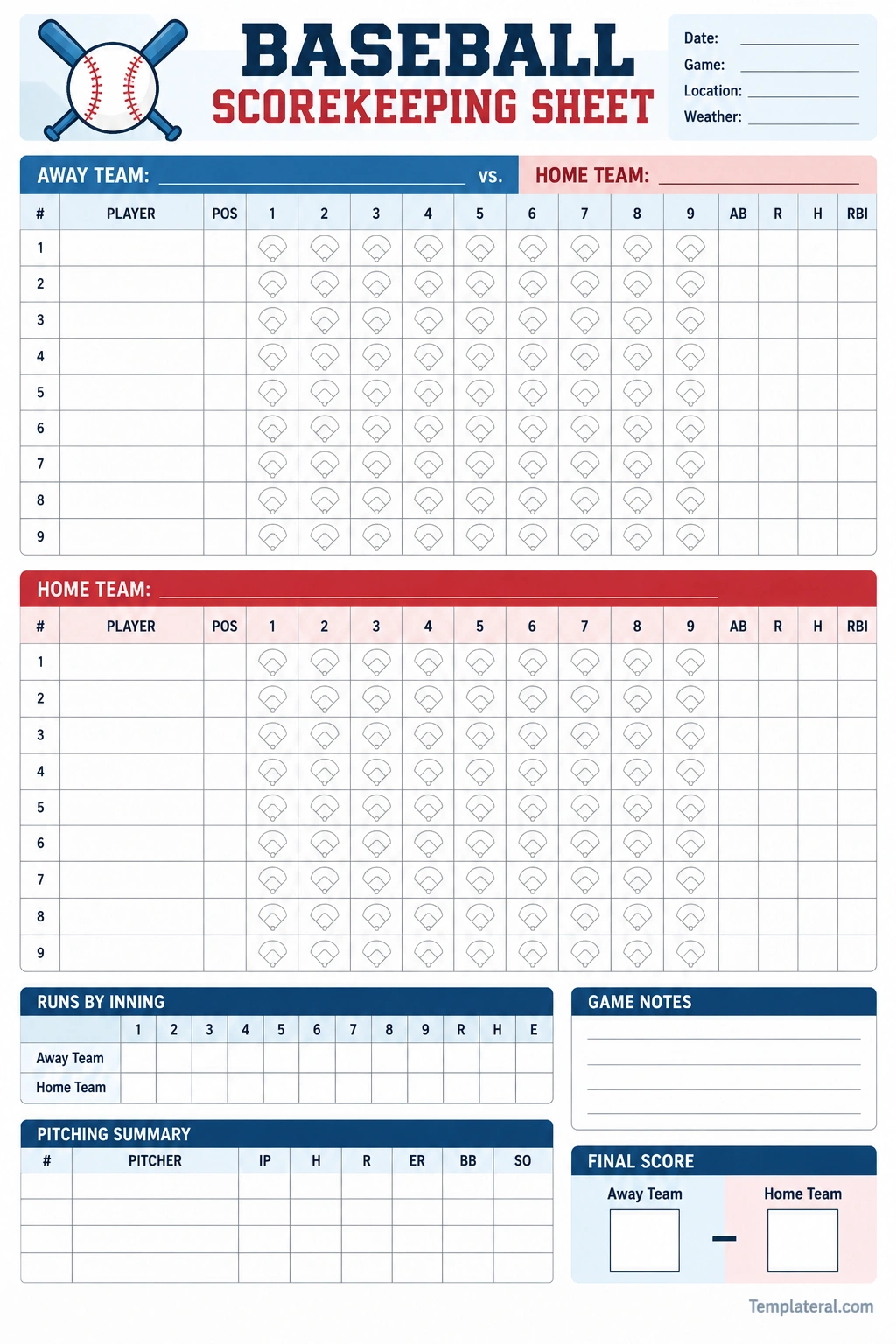 Baseball Scorekeeping Sheet Baseball scorekeeping sheet template for recording players, innings, runs, hits, and game results