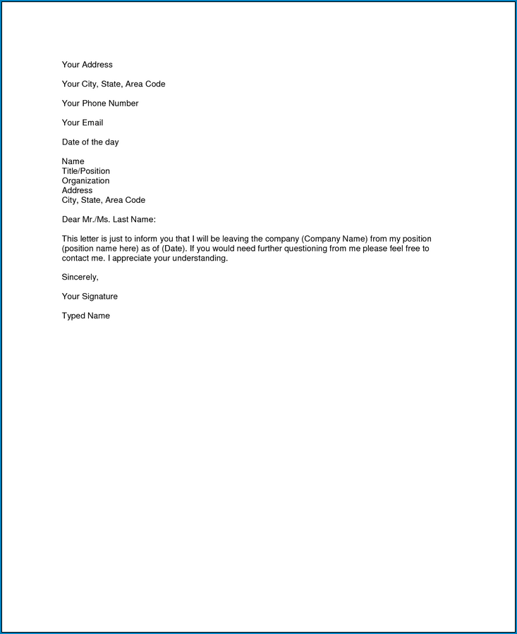 Basic Resignation Letter Template Example