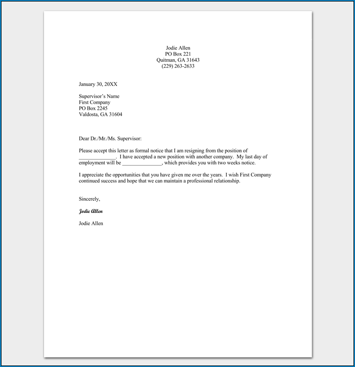 Basic Resignation Letter Template Sample