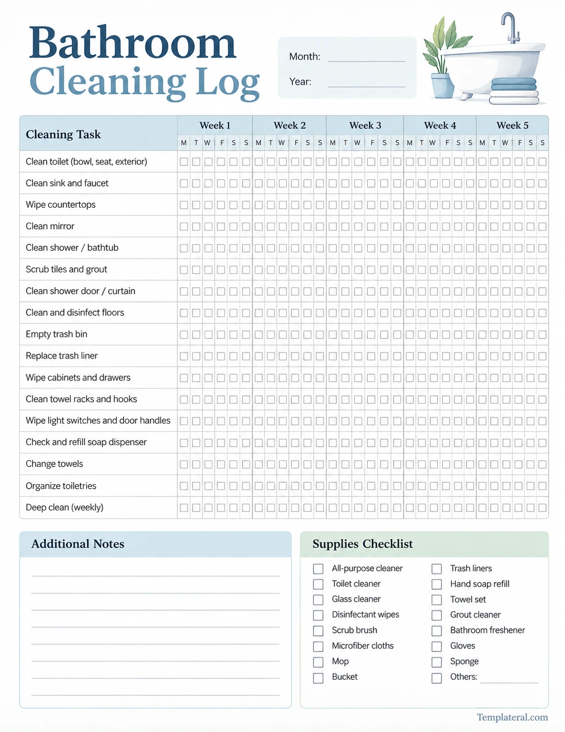 Bathroom Cleaning Log Printable bathroom cleaning log template with daily and weekly cleaning tasks