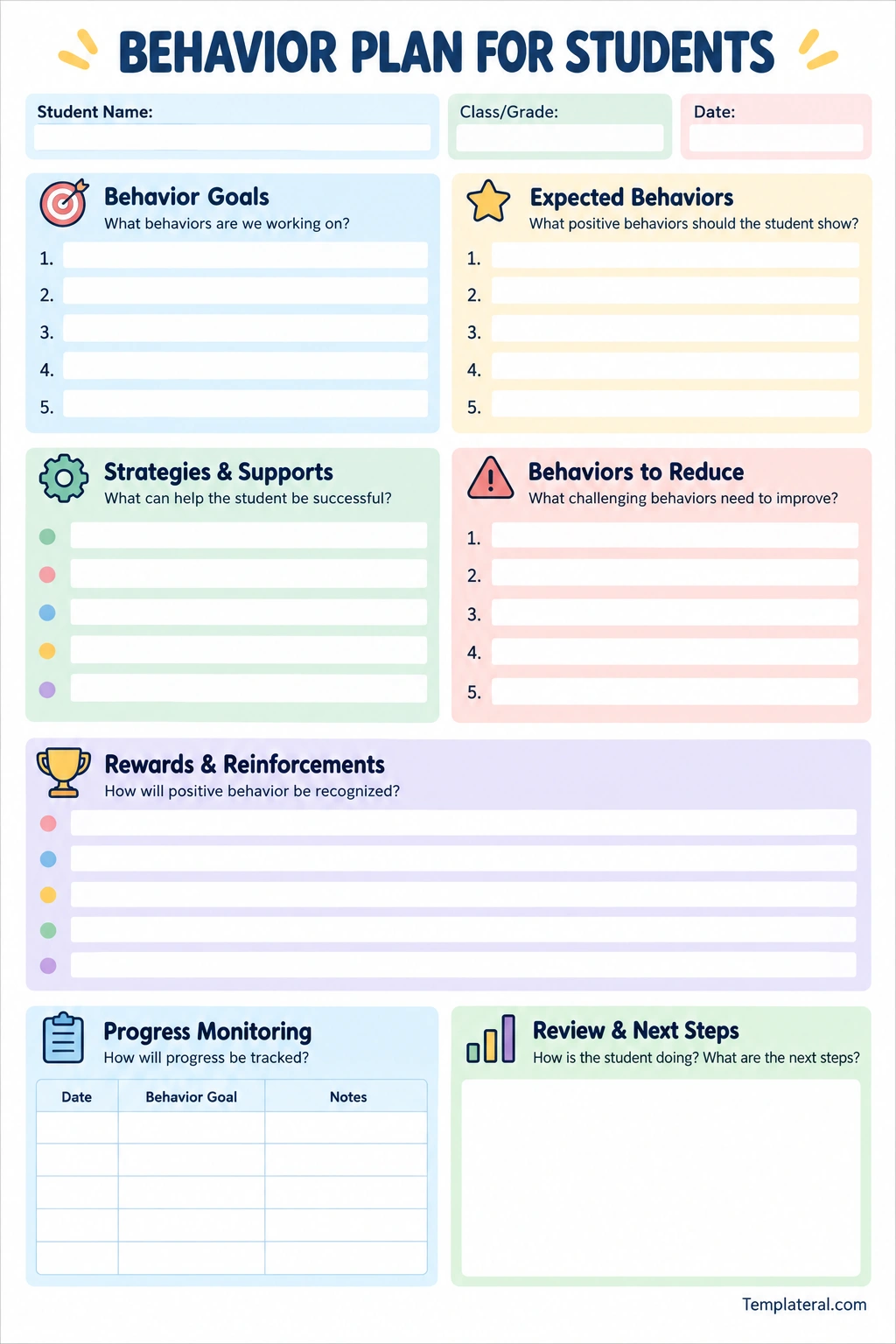 Behavior plan for students template with goals, expected behaviors, strategies, rewards, and progress monitoring