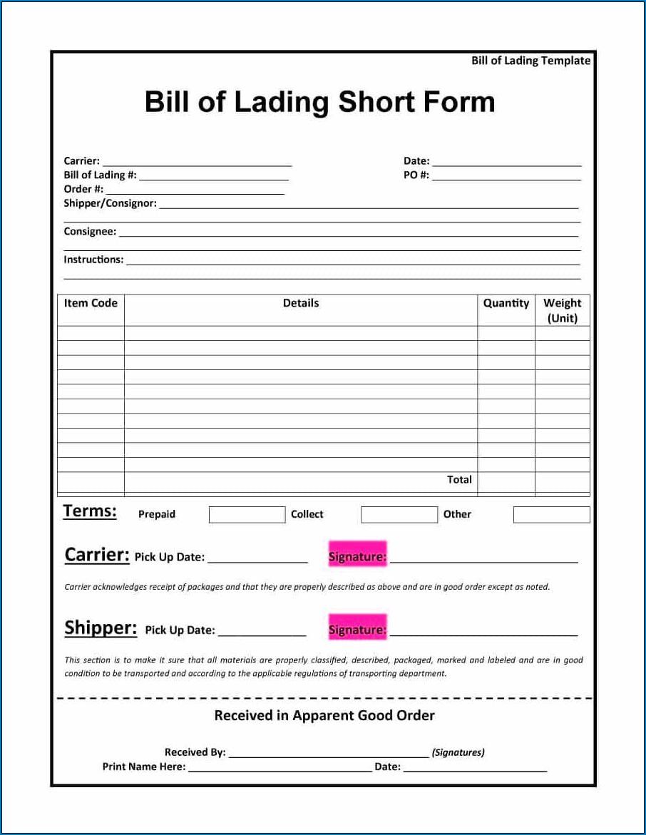 Bill Of Lading Template Sample
