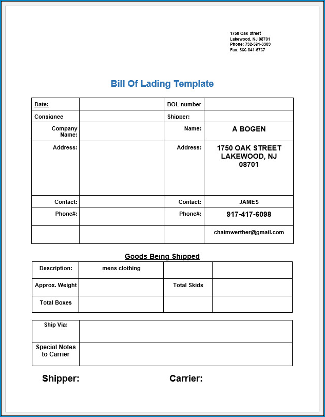 Free Printable Bill Of Lading Template Templateral