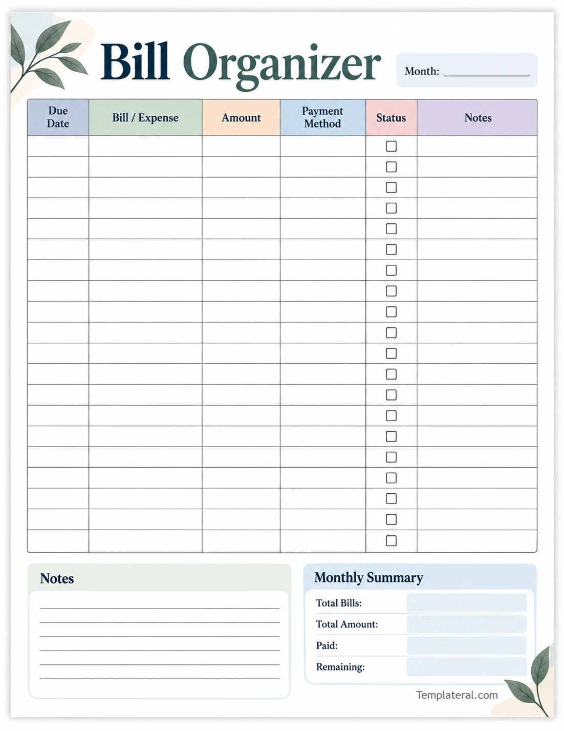 Bill Organizer Template Printable bill organizer template for tracking monthly bills and due dates