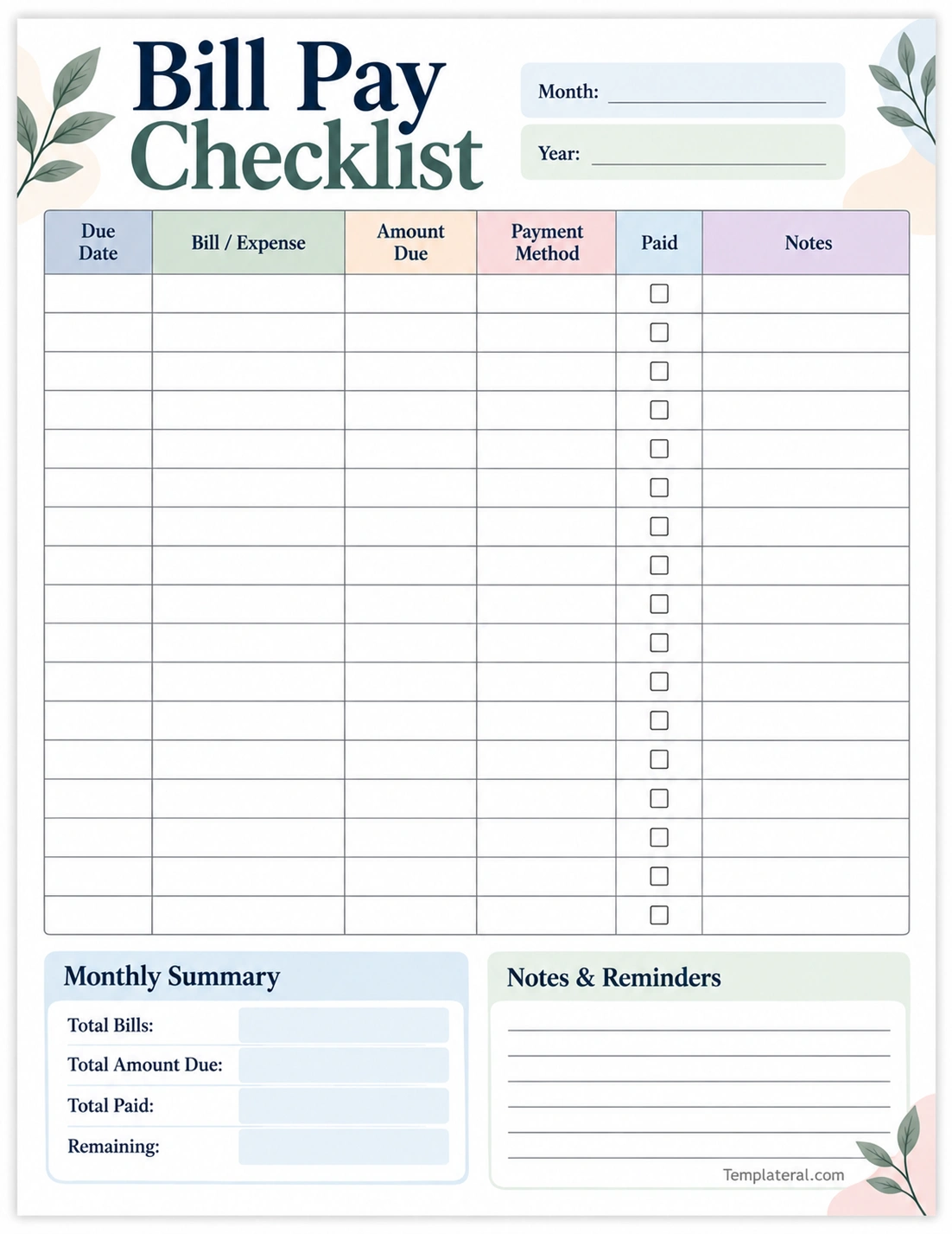 Bill Pay Checklist Template Printable Bill Pay Checklist Template for tracking monthly bills and payments