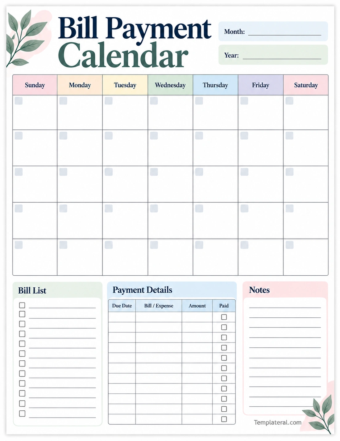 Printable bill payment calendar template for organizing monthly bill due dates