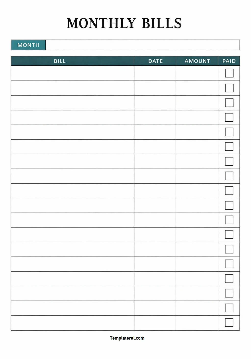 Simple Blank Bill Tracker Template