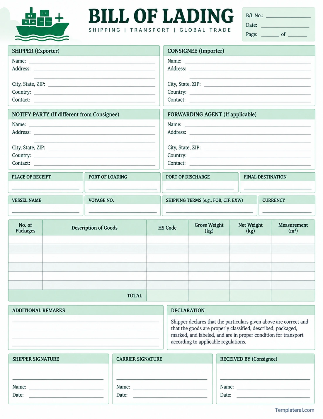 Bill of Lading Printable bill of lading template with shipper, consignee, shipping details, cargo description, weight, measurements, remarks, declaration, and signature sections