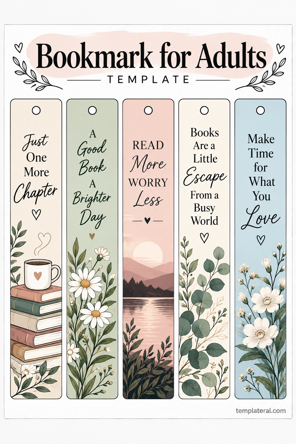 Bookmark for Adults Printable bookmark for adults template featuring botanical illustrations, stacked books and coffee, floral designs, a peaceful landscape, and inspirational reading quotes