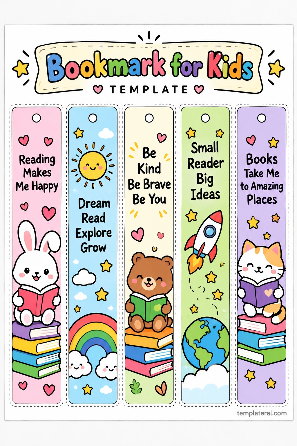 Bookmark for Kids Colorful printable bookmark for kids template featuring a bunny reading, a rainbow, a bear with books, a rocket, and a cat reading
