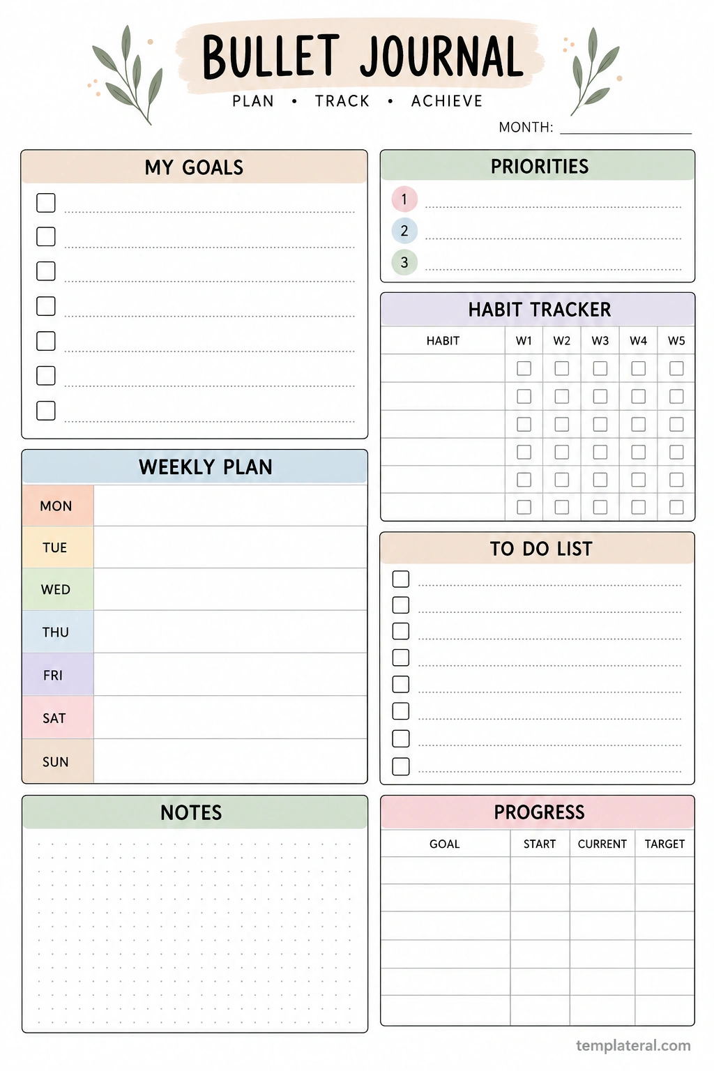 Bullet Journal Template for Planning Goals, Tracking Habits, and Organizing Weekly Tasks