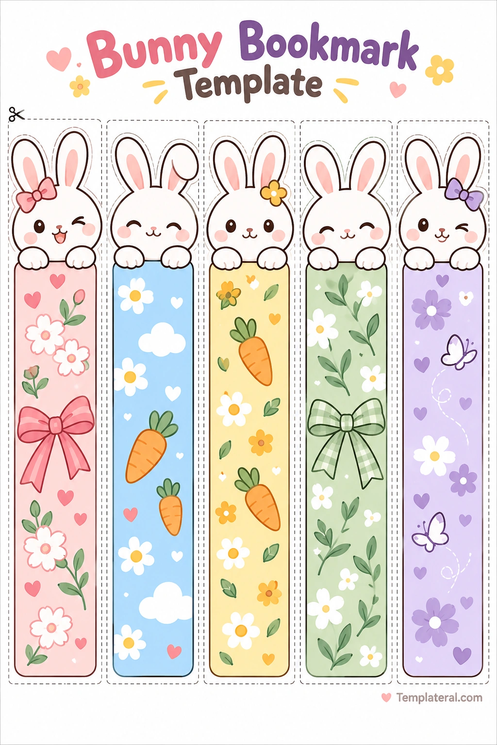 Bunny Bookmark Template Pastel bunny bookmark template with five cute rabbit designs decorated with flowers, carrots, bows, and butterflies