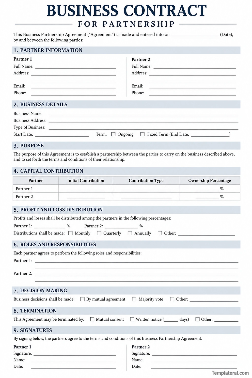 Business Contract for Partnership Business contract for partnership template with partner details, capital contributions, profit sharing, responsibilities, and signature fields