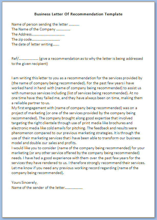 Free Printable Business Letter Of Recommendation Template