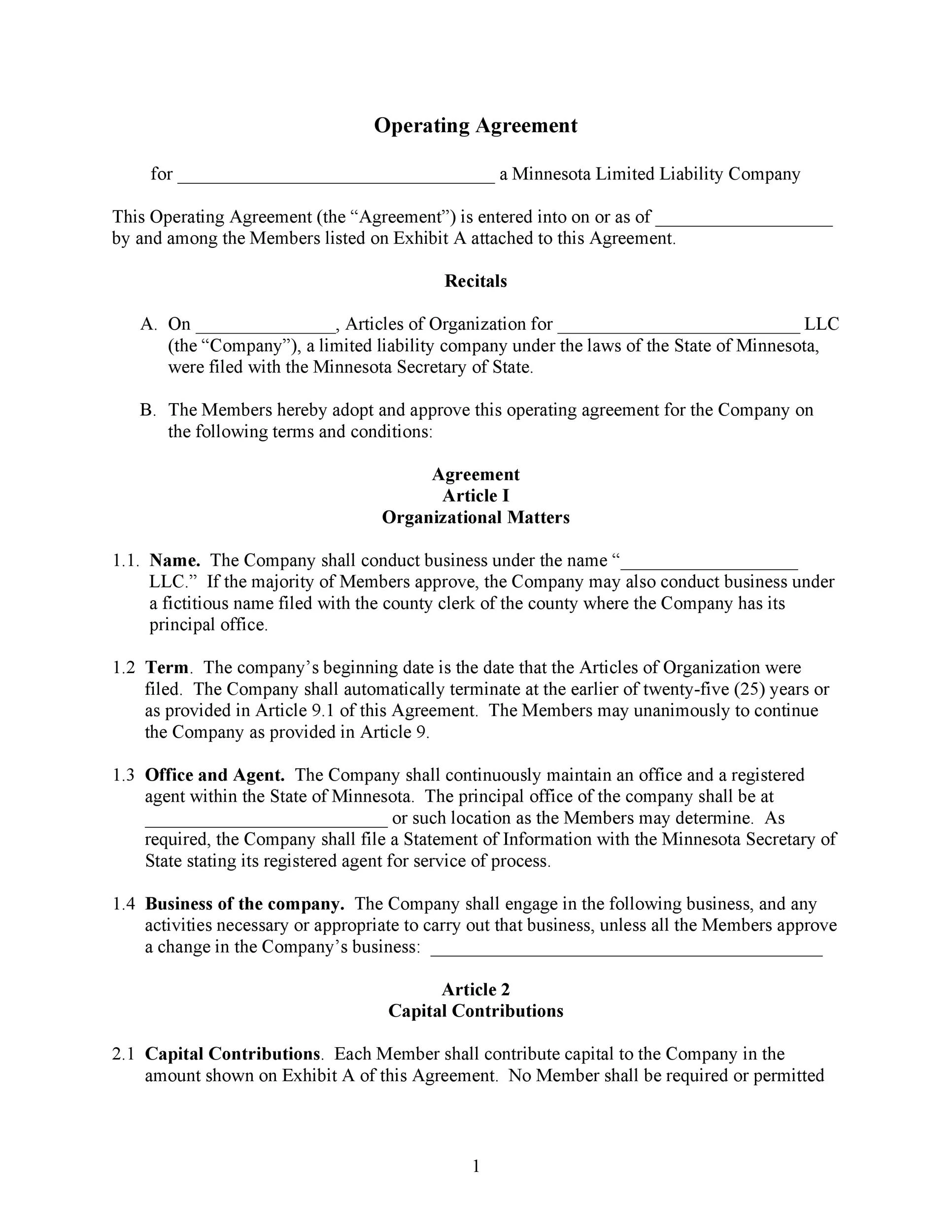 Business Operating Agreement Template Word