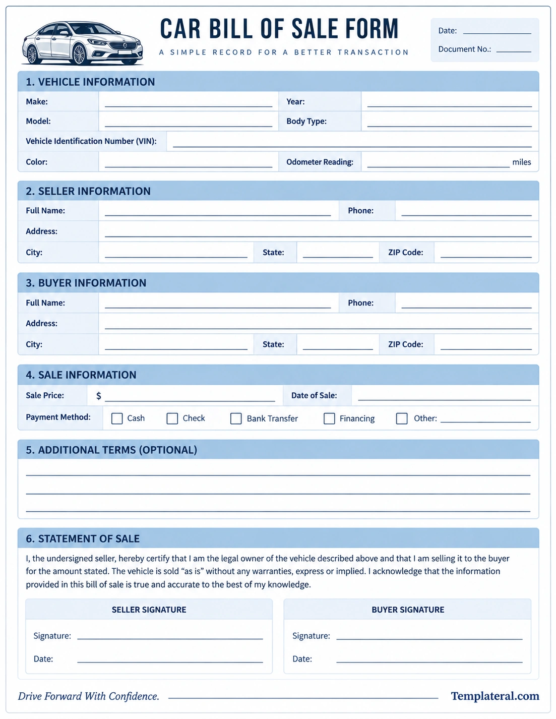 Car Bill of Sale Form Printable car bill of sale form template with vehicle, buyer, seller, sale price, terms, and signature sections