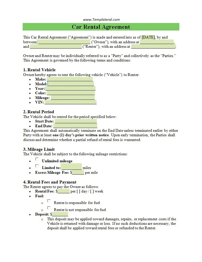 Simple Car Rental Agreement Template Word