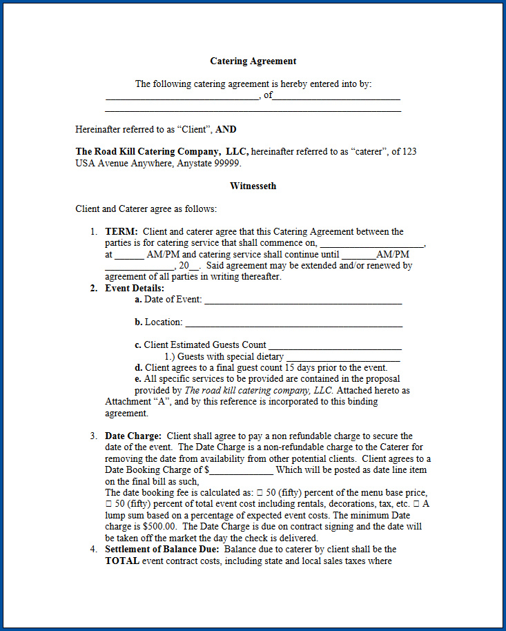 Free Printable Catering Contract Template Templateral