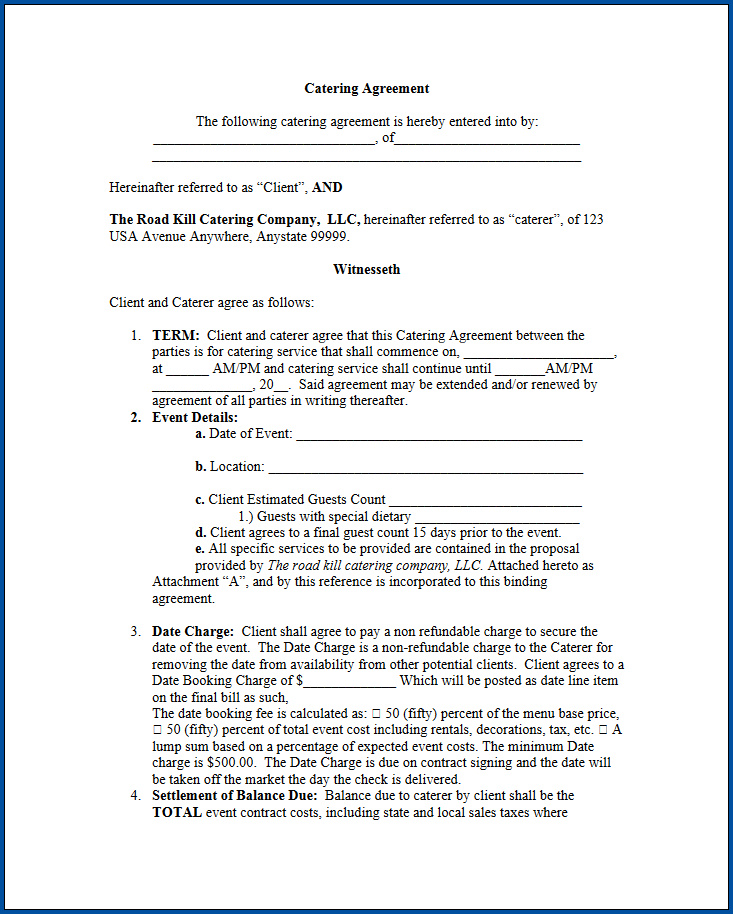  Free Printable Catering Contract Template