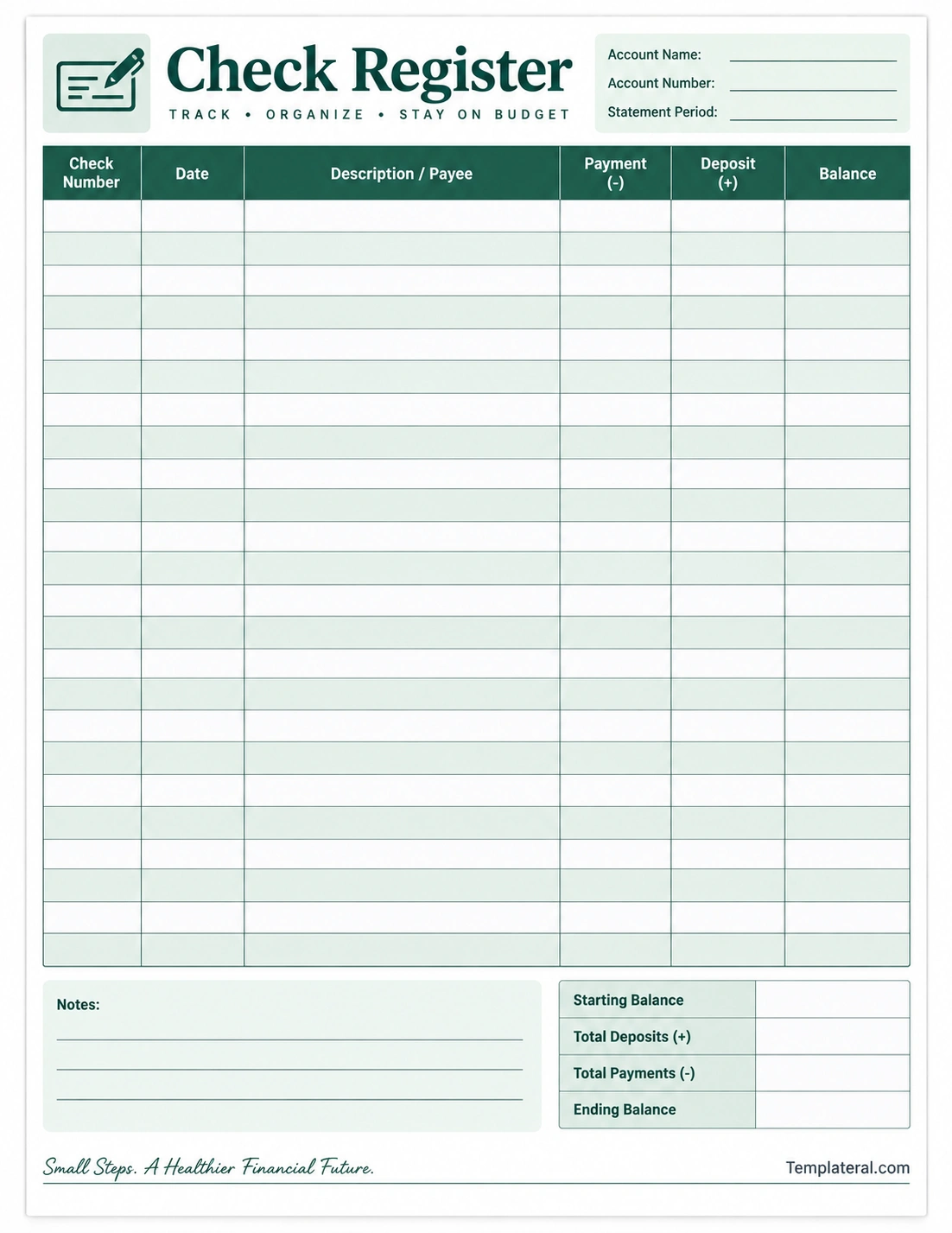 Printable check register template with transaction, payment, deposit, and balance columns