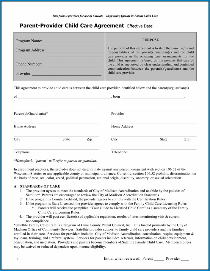 Child Care Agreement Between Parents Template Sample