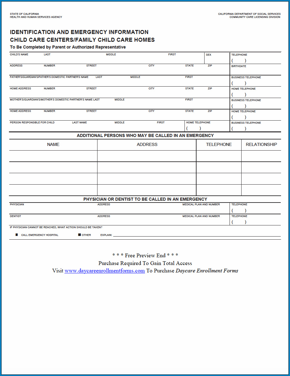 Childcare Enrollment Form Example