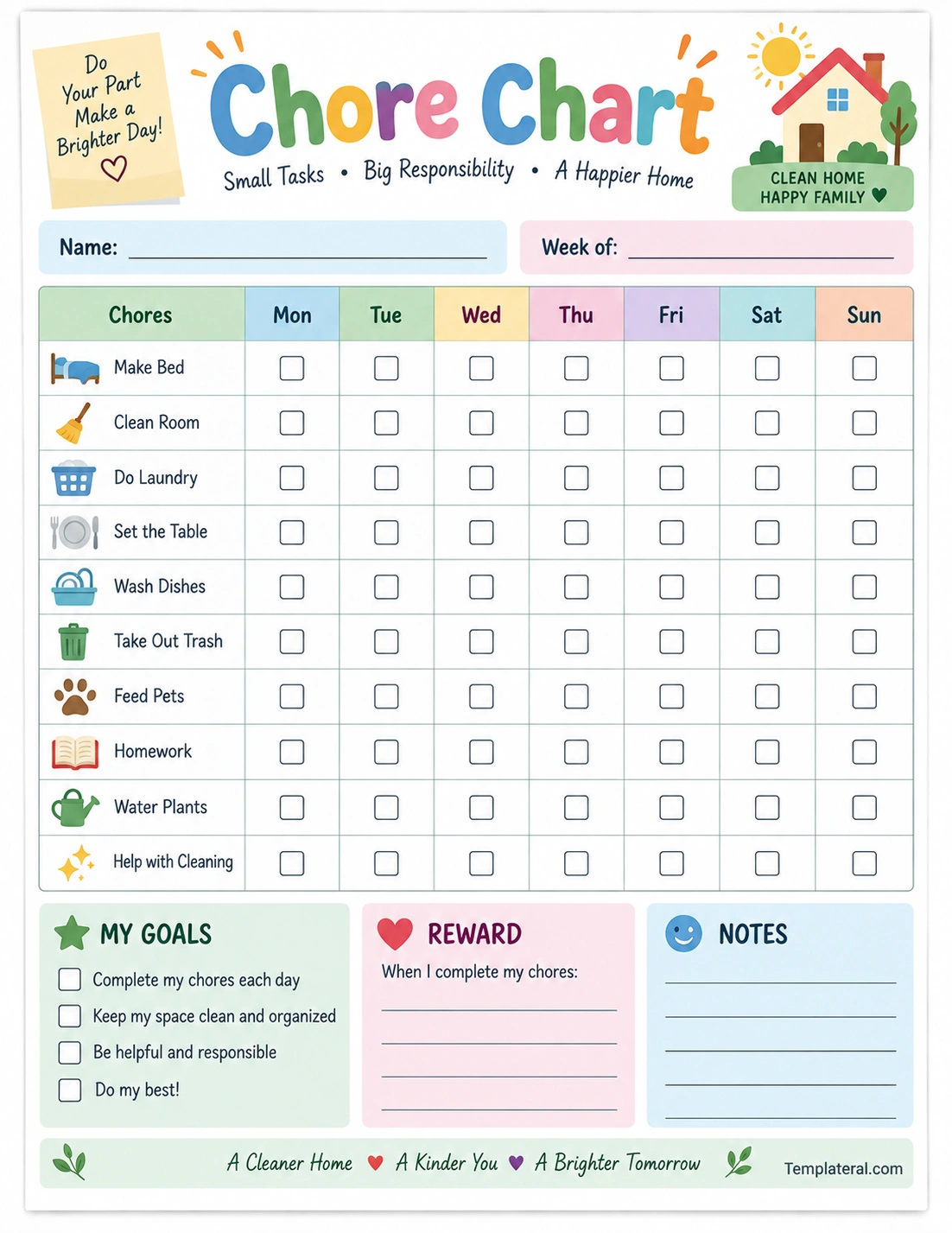 Chore Chart Printable weekly chore chart template with household tasks and daily checkboxes