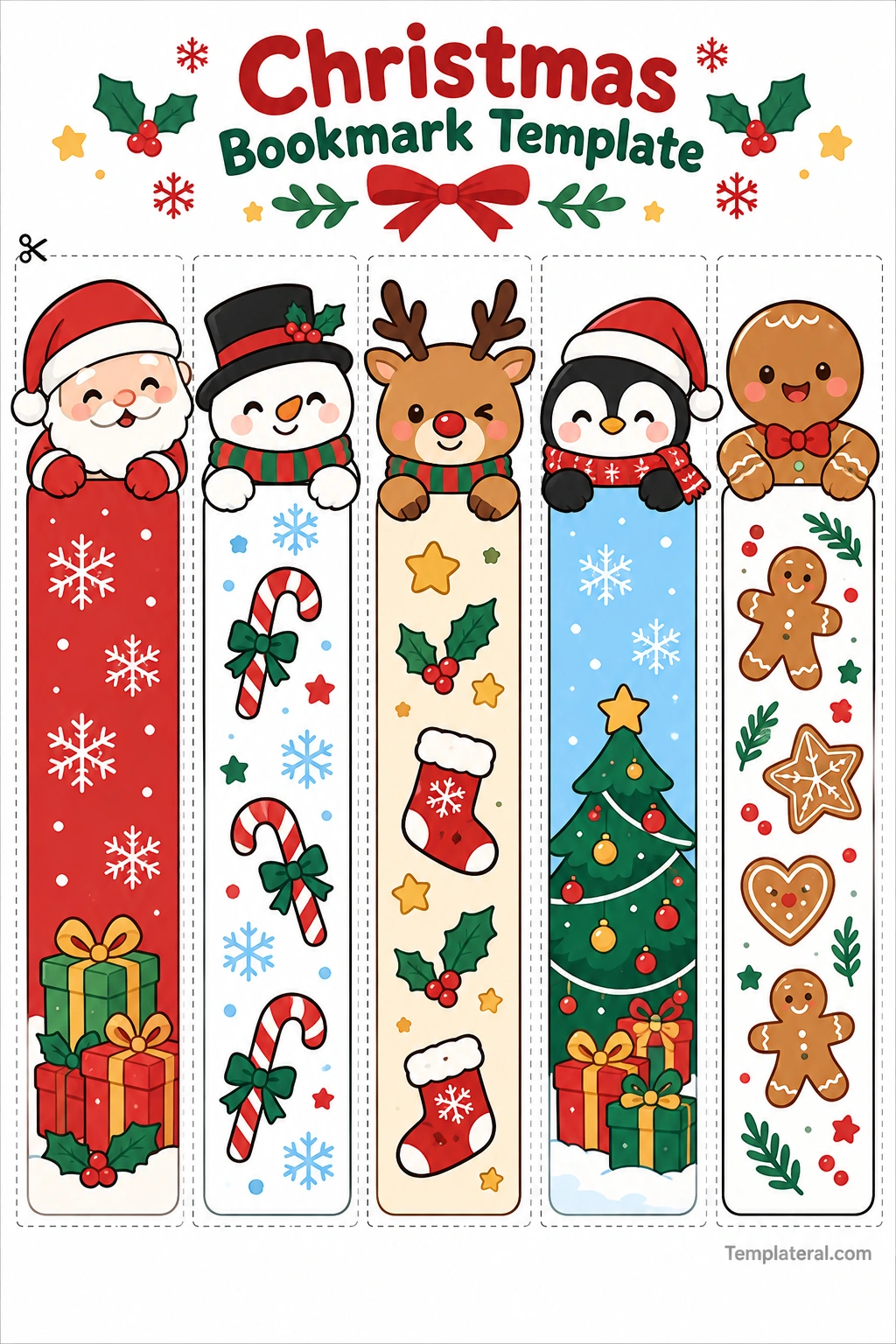 Christmas Bookmark Template Printable Christmas bookmark template featuring Santa Claus, a snowman, a reindeer, a penguin, and gingerbread characters