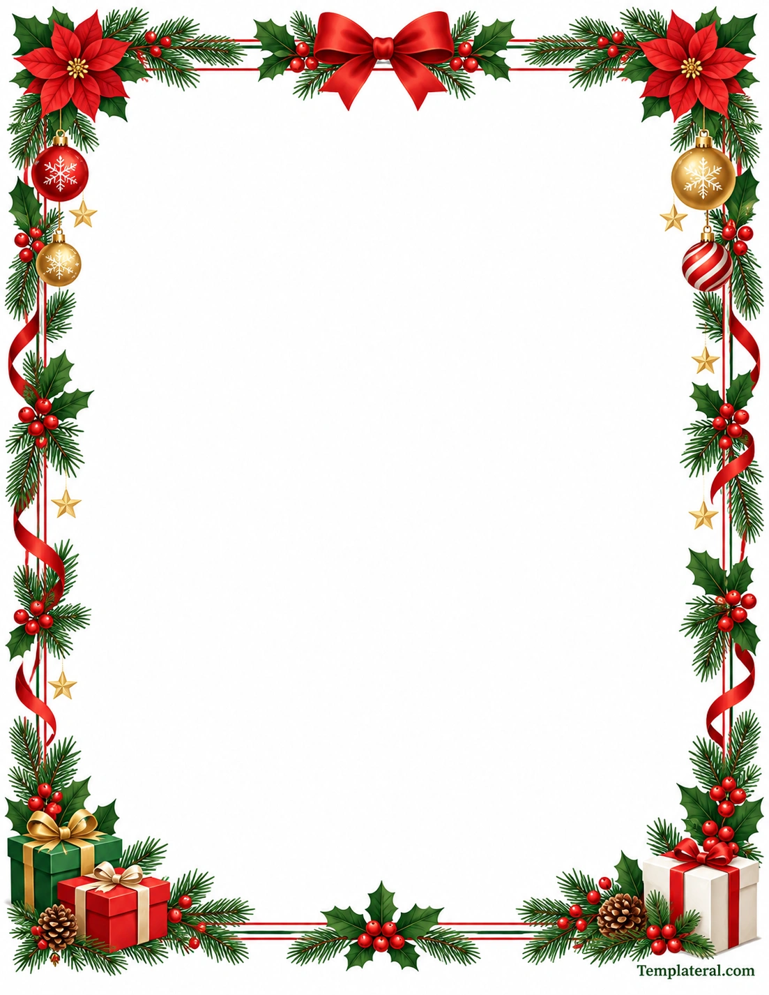 Christmas Holiday Border Printable Christmas holiday border with poinsettias, holly leaves, pine branches, ornaments, ribbons, stars, and gift boxes